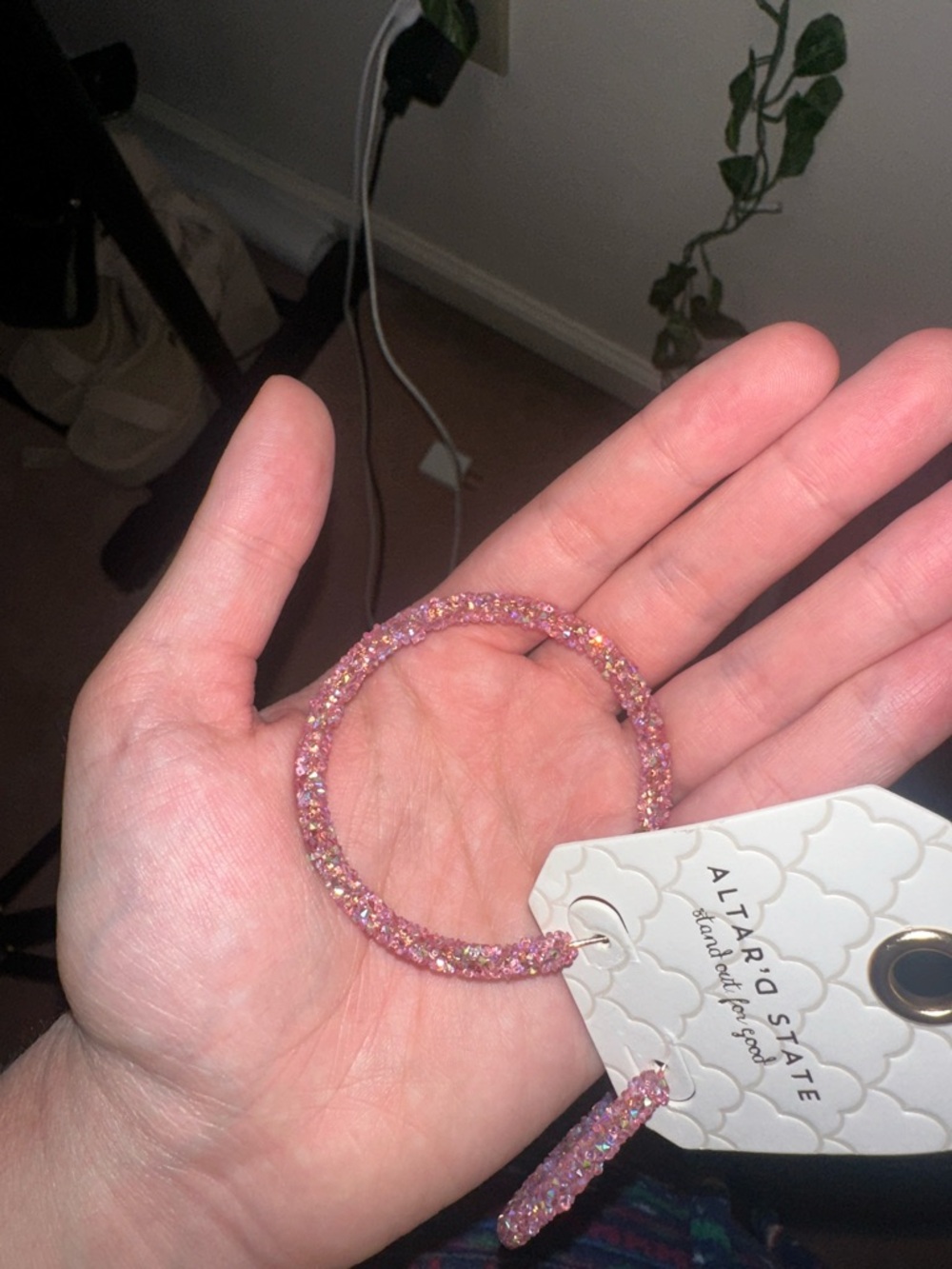 Altar’d State Pink Shiny Glittery Rhinestone Hoop Earrings Gold Posts NWT - Picture 5 of 5